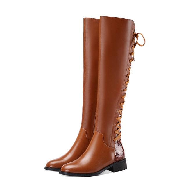 Knee High Genuine Leather Autumn  Round Toe Cross-tied Boots - TeresaCollections