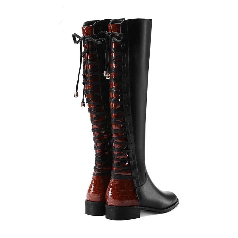 Knee High Genuine Leather Autumn  Round Toe Cross-tied Boots - TeresaCollections