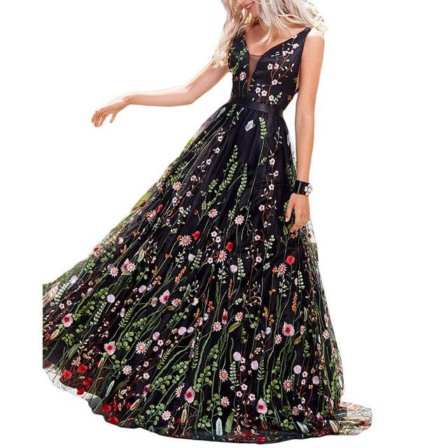 Black Tulle With Flower Embroidery Evening Dress - TeresaCollections