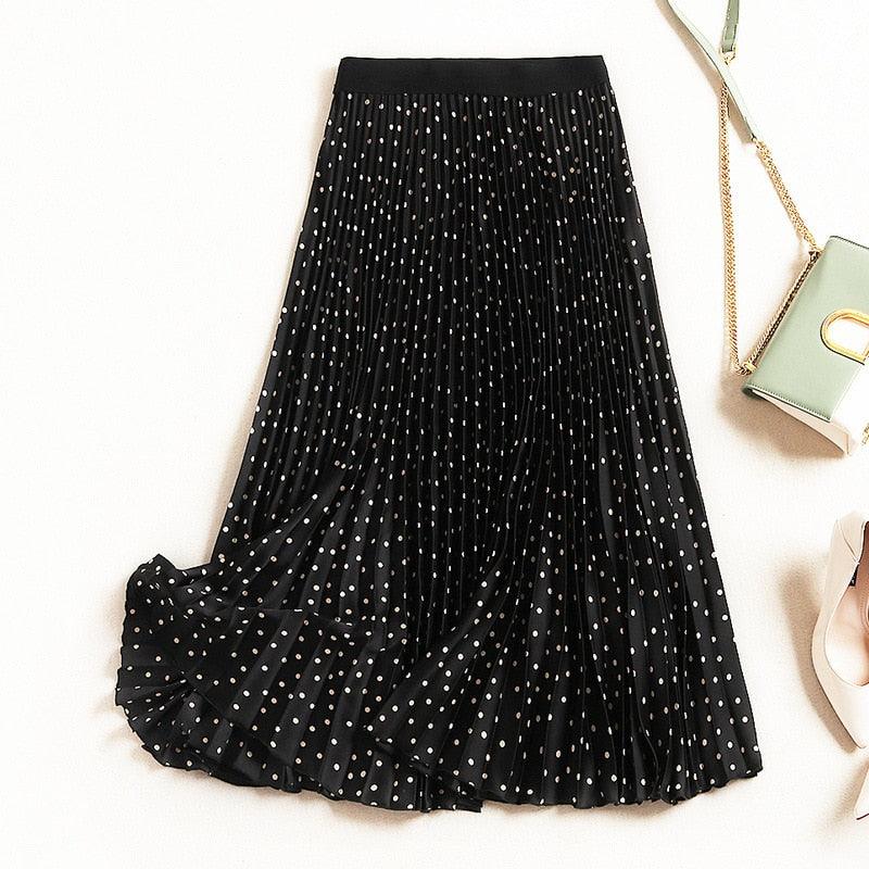 High Waist Dot Pleated Mid-calf Empire Women Skirts - TeresaCollections