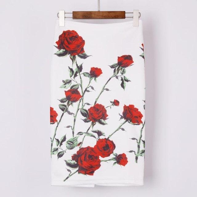 Autumn Rose Flower Printed High Waist Skirt - TeresaCollections