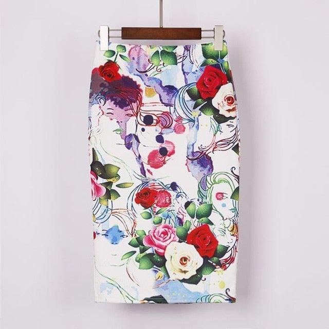 Autumn Rose Flower Printed High Waist Skirt - TeresaCollections