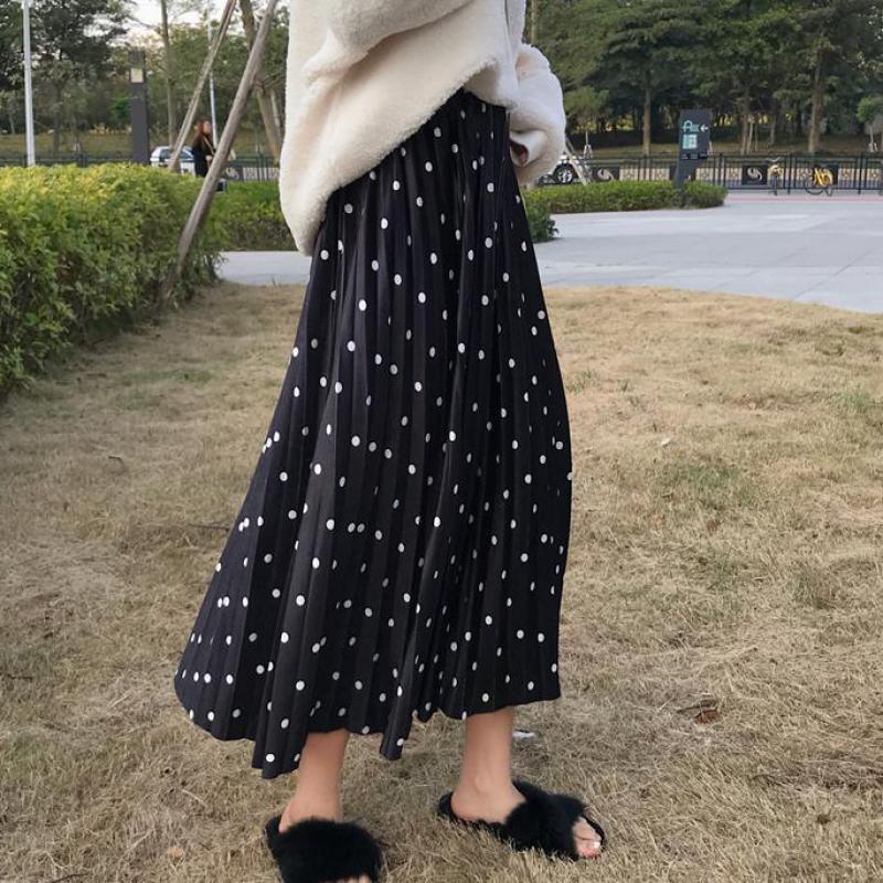 Print Polka Dot Black Bottom Mid-length Pleated Skirt - TeresaCollections