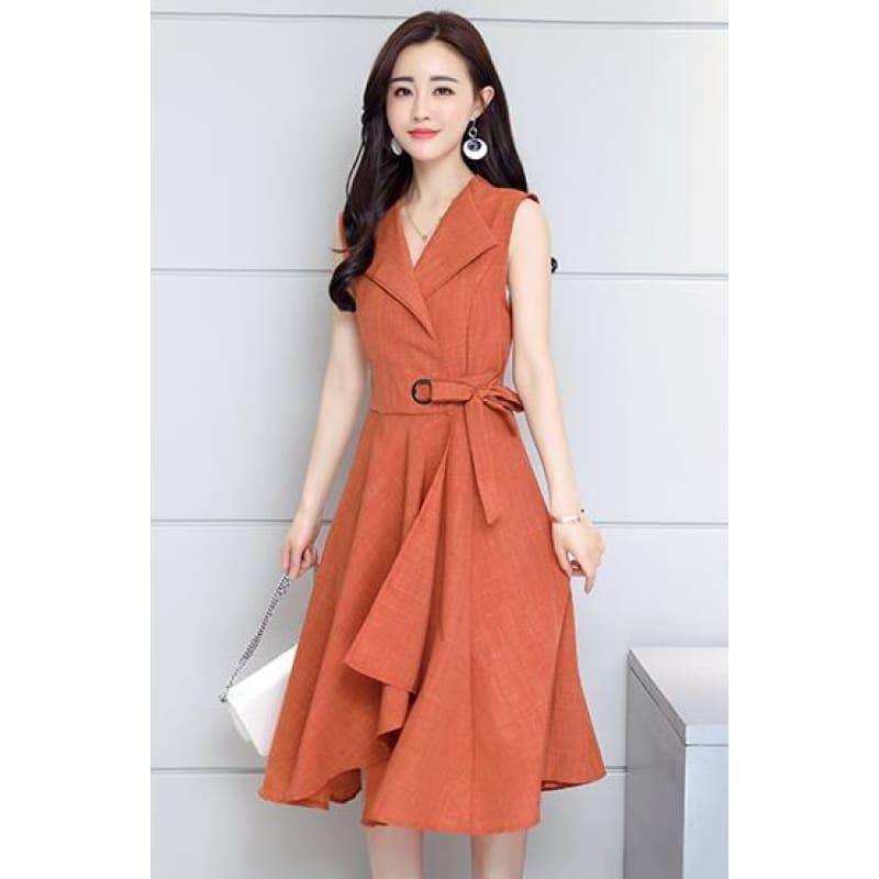 A-Lin v-neck Cotton Linen Summer Sleeveless Work Office Wear Casual Midi Dress - TeresaCollections