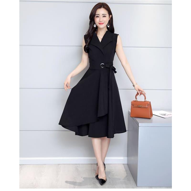 A-Lin v-neck Cotton Linen Summer Sleeveless Work Office Wear Casual Midi Dress - TeresaCollections