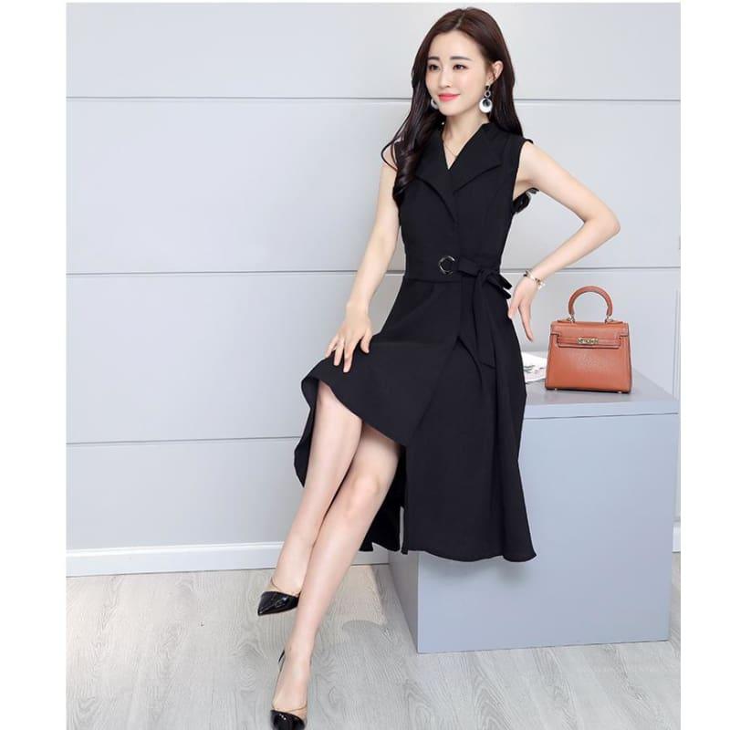 A-Lin v-neck Cotton Linen Summer Sleeveless Work Office Wear Casual Midi Dress - TeresaCollections