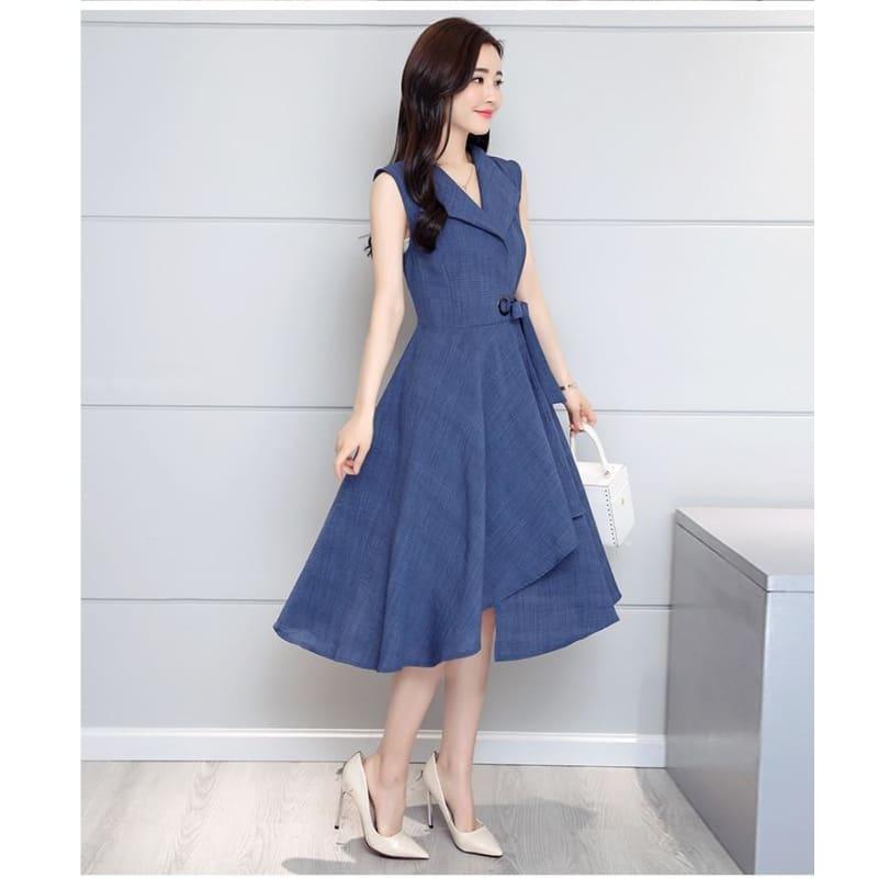 A-Lin v-neck Cotton Linen Summer Sleeveless Work Office Wear Casual Midi Dress - TeresaCollections