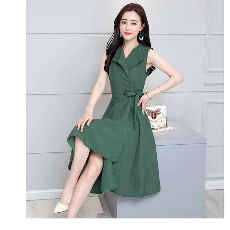 A-Lin v-neck Cotton Linen Summer Sleeveless Work Office Wear Casual Midi Dress - Midi Dress