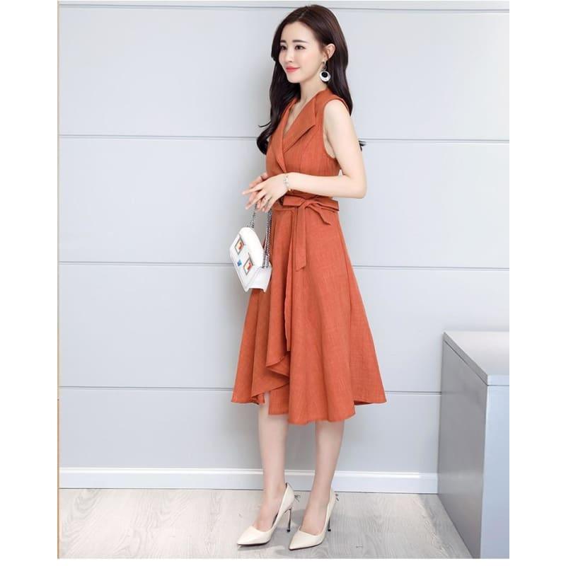 A-Lin v-neck Cotton Linen Summer Sleeveless Work Office Wear Casual Midi Dress - TeresaCollections