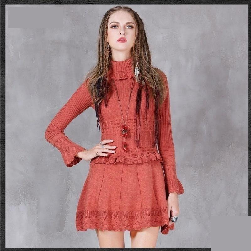 A-line Turtleneck Ruffles Hem Combo Knitting Dresses - TeresaCollections