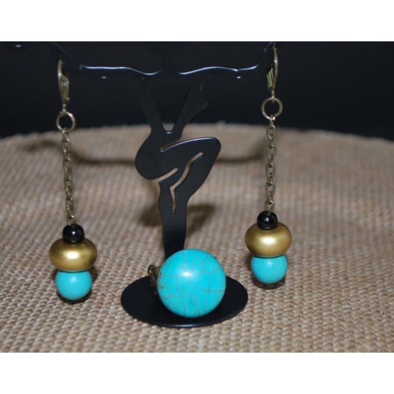 Antique Gold and Turquoise Earrings and Ring Womens Earrings - Handmade