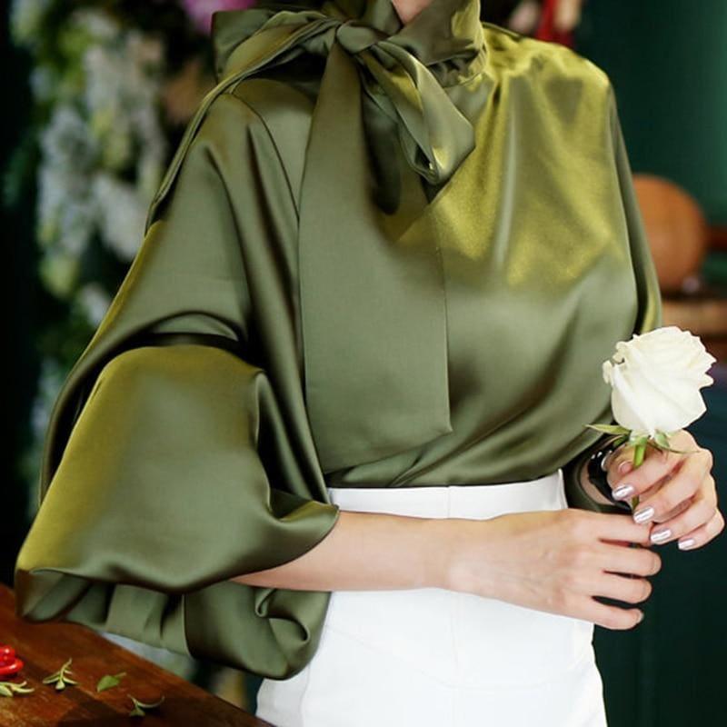 Army Green Satin Lantern Sleeve Women Lace up Blouse - long sleeve