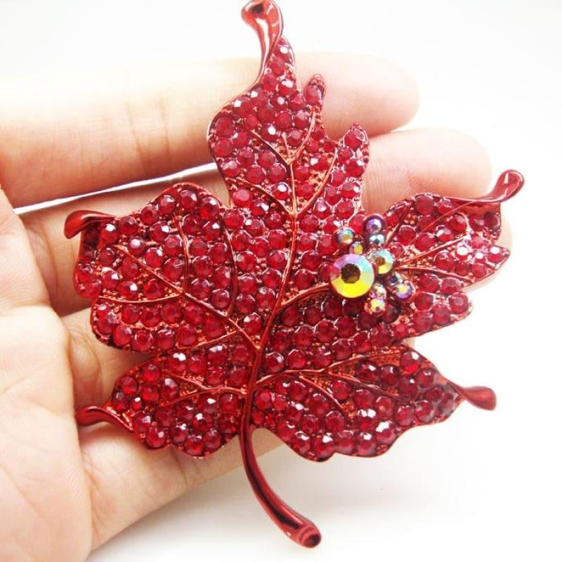 Art Nouveau Red Maple Leaf Rhinestone Crystal Woman Vintage Brooch - Brooch