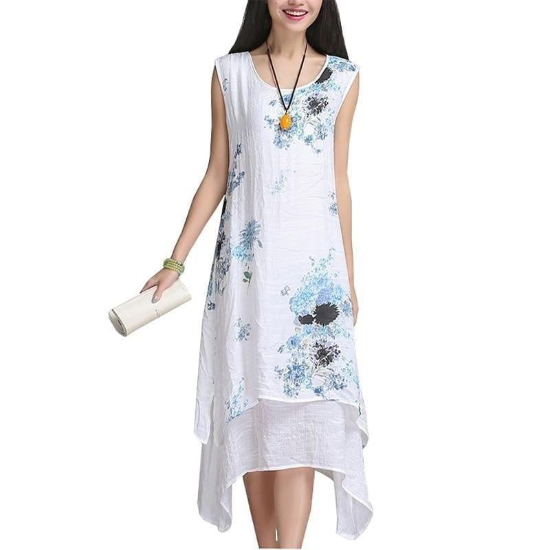 Asian Style Loose Fit Summer Dress Sleeveless Women Casual Cotton Linen Midi Dress - TeresaCollections