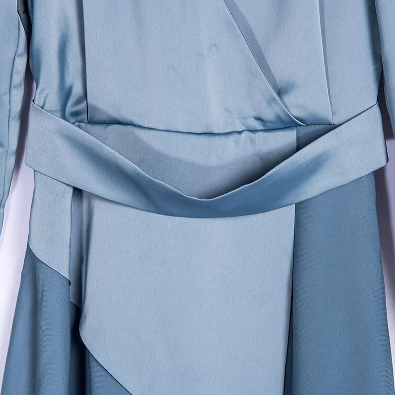 Asymmetric Hem V Neck Long Sleeve High Waist Midi Dress - TeresaCollections