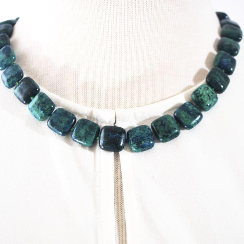 Azurite Chrysocolla Green Square Beaded Necklace - Handmade