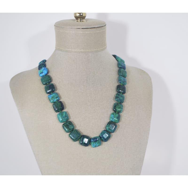 Azurite Chrysocolla Green Square Beaded Necklace - TeresaCollections