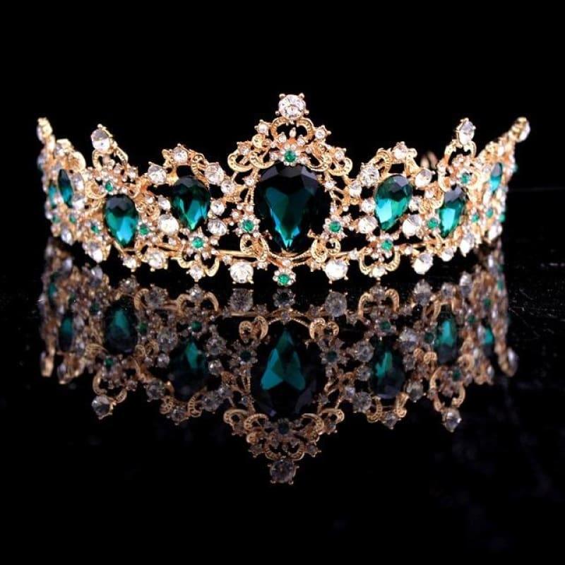 Baroque Crystal Crown Bridal Tiaras Crown Vintage Wedding Hair Accessories - Green - hair clips