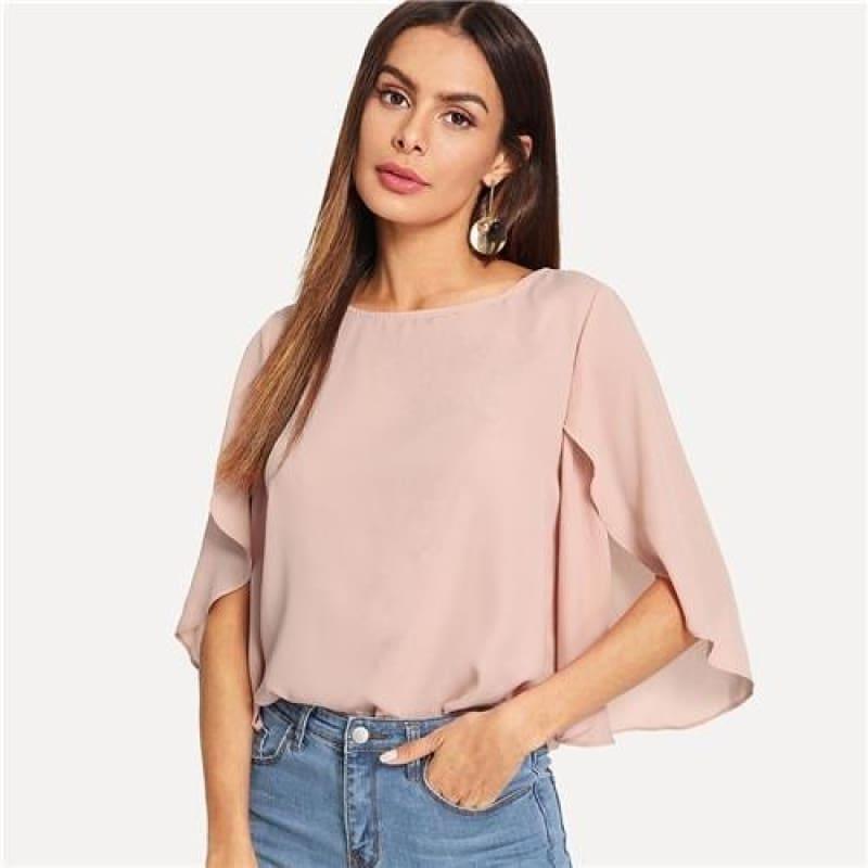 Batwing Sleeve Plain Casual Ladies Tops Round Blous - TeresaCollections