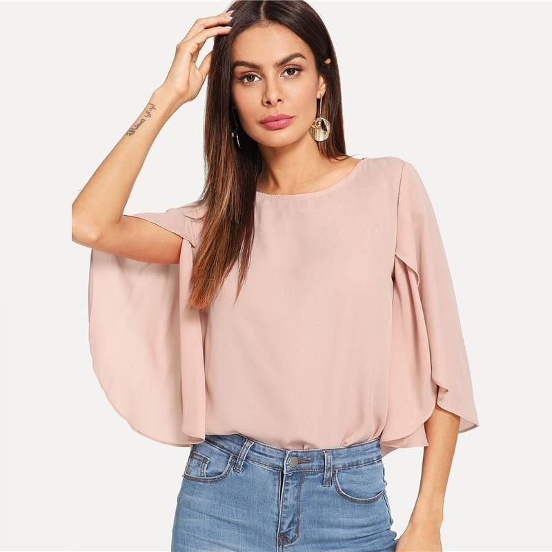 Batwing Sleeve Plain Casual Ladies Tops Round Blous - TeresaCollections