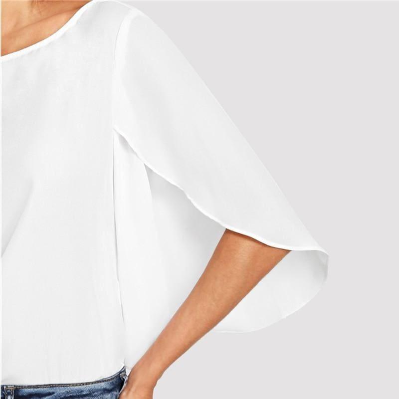 Batwing Sleeve Plain Casual Ladies Tops Round Blous - TeresaCollections