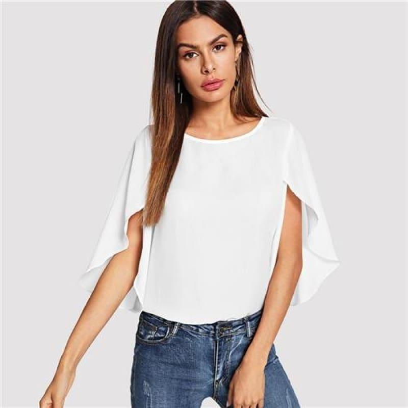 Batwing Sleeve Plain Casual Ladies Tops Round Blous - TeresaCollections