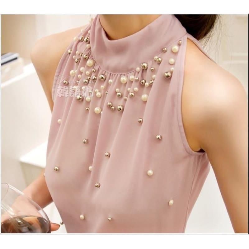 Beading Sleeveless Chiffon High Collar Blouse - Pink / L - Sleeveless