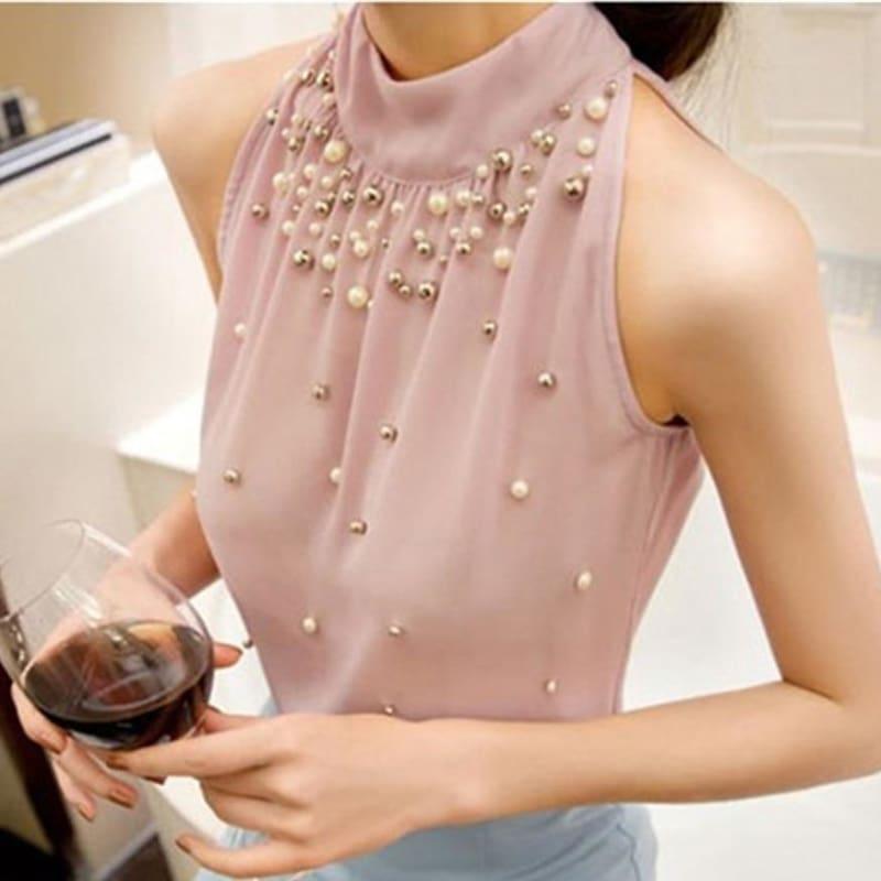 Beading Sleeveless Chiffon High Collar Blouse - Sleeveless