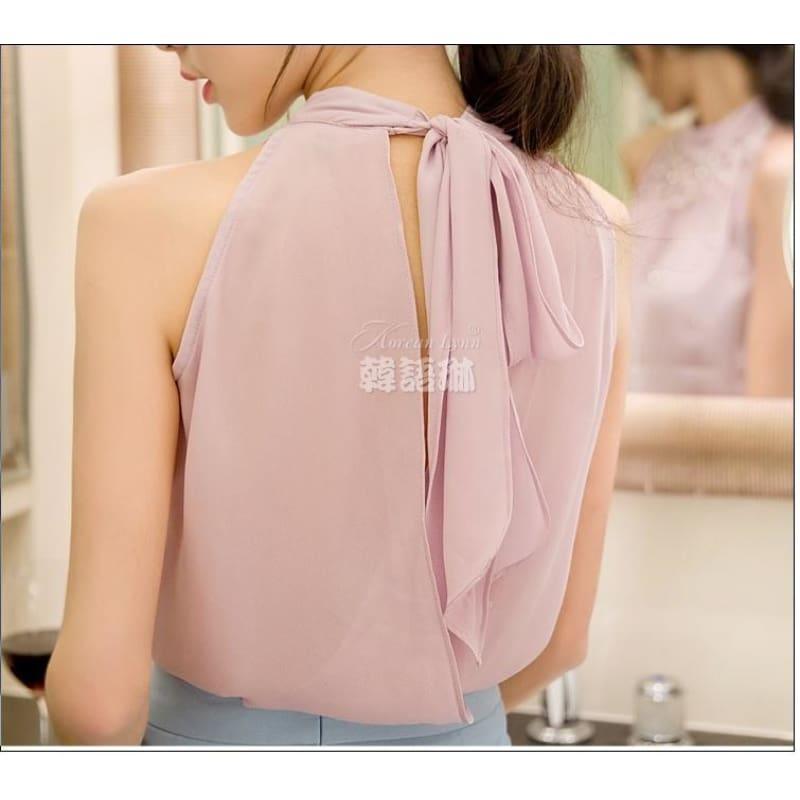 Beading Sleeveless Chiffon High Collar Blouse - Sleeveless