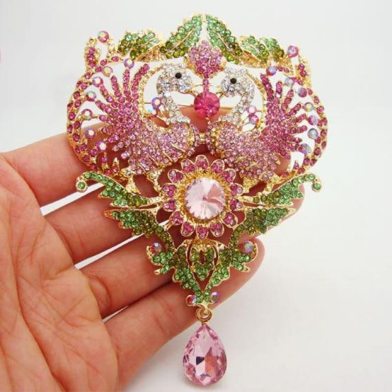 Beautiful Luxury Double Peacock Wings Animal Sunflower Pink Crystal Rhinestone Pendant Brooch Pin - Default title - Brooch