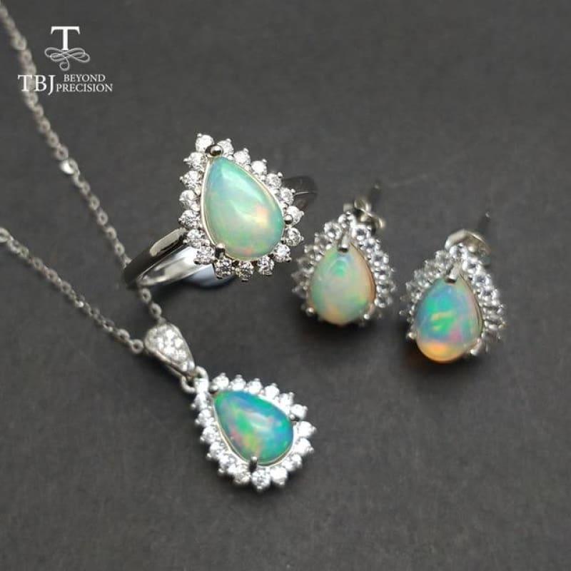 Beautiful Rainbow Princess Cut Opal Ring Pendant Earring Gemstone 925 Sterling Silver Jewelry Sets - opal and tsavorite / Resizable / 45cm -