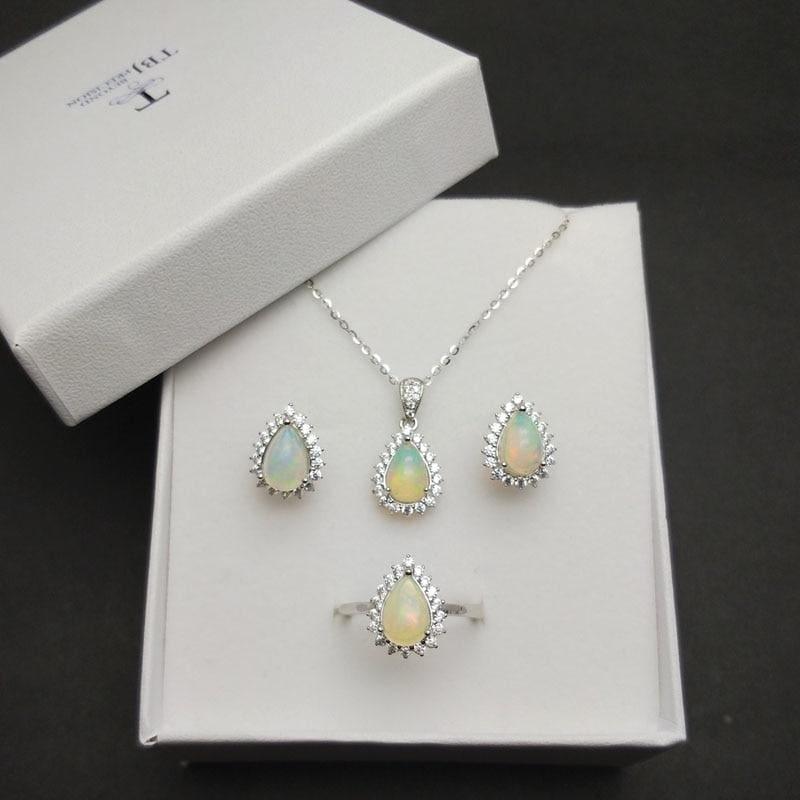 Beautiful Rainbow Princess Cut Opal Ring Pendant Earring Gemstone 925 Sterling Silver Jewelry Sets - Jewelry Set