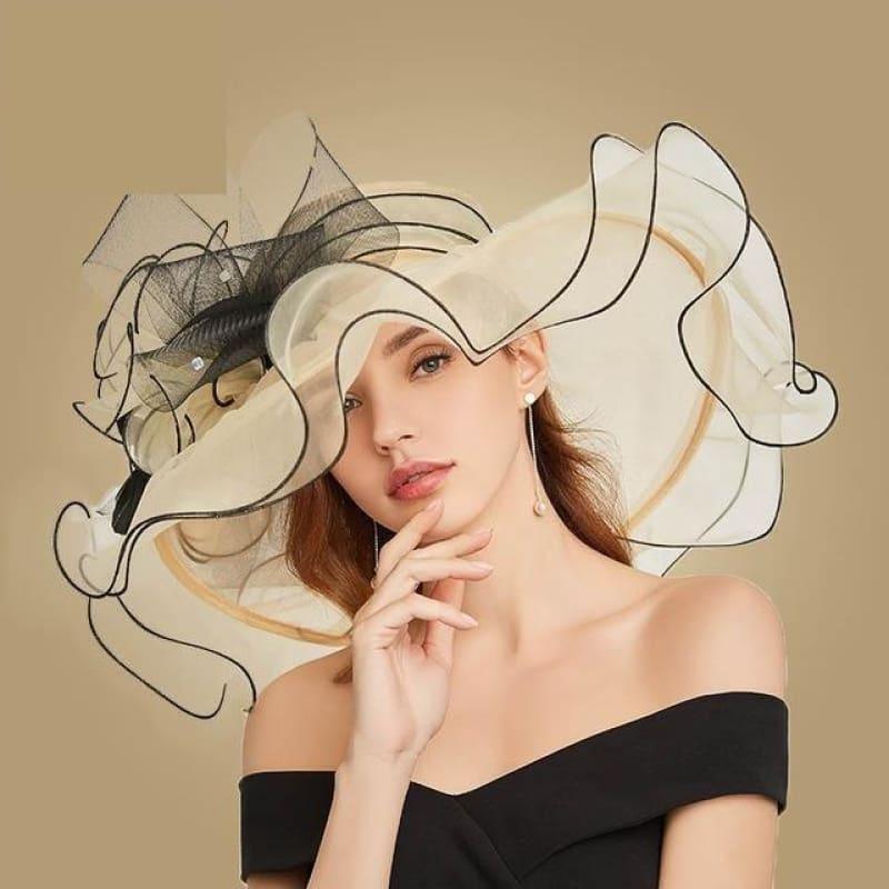 Beige Wide Brim Big Floral Organza Tea Party Hat Elegant Summer Kentucky Derby Hat - Beige / 56-58CM - hats