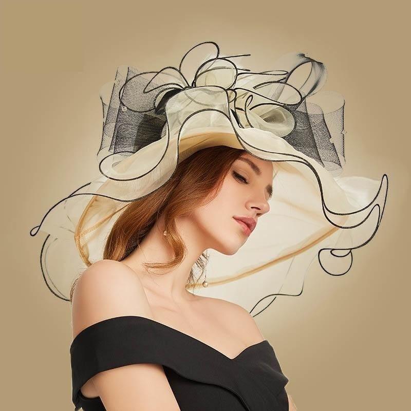 Beige Wide Brim Big Floral Organza Tea Party Hat Elegant Summer Kentucky Derby Hat - hats