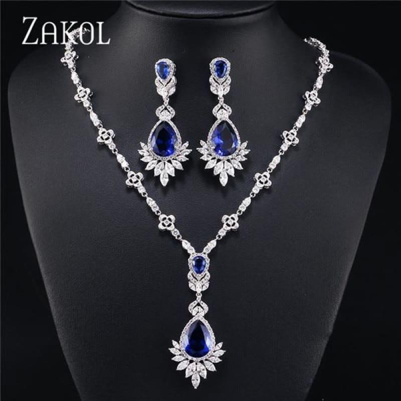 Big Drop Cubic Zirconia Leaf Bridal Wedding Jewelry Set - Blue - jewelry set