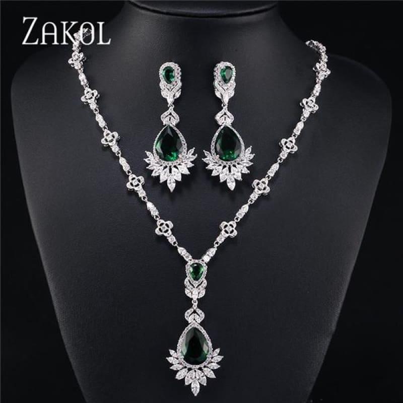 Big Drop Cubic Zirconia Leaf Bridal Wedding Jewelry Set - Green - jewelry set