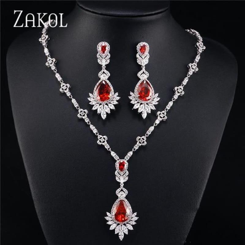 Big Drop Cubic Zirconia Leaf Bridal Wedding Jewelry Set - Red - jewelry set