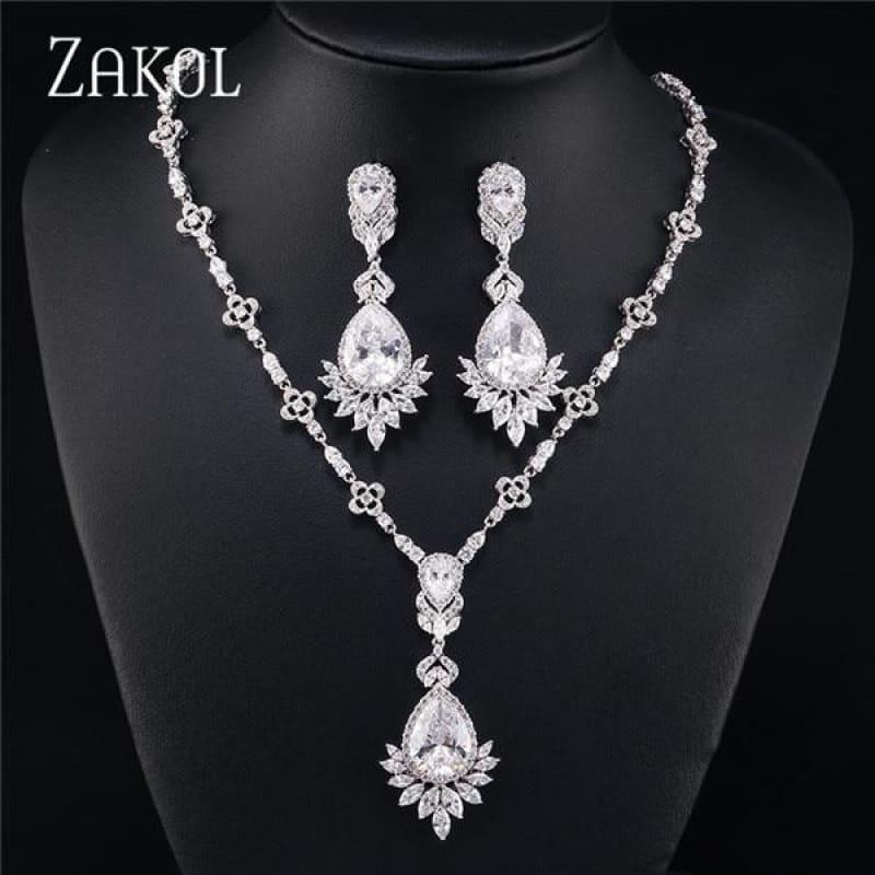 Big Drop Cubic Zirconia Leaf Bridal Wedding Jewelry Set - White - jewelry set