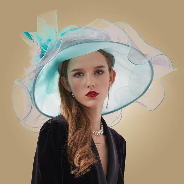 Big Flower Organza Large Brim Kentucky Derby Church Fedoras - TeresaCollections