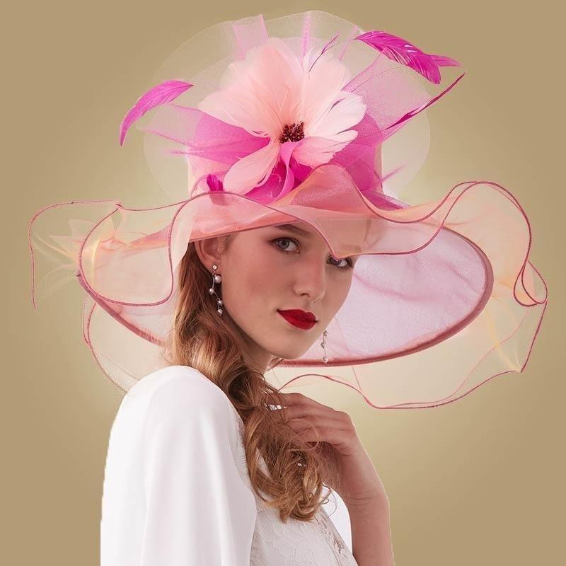 Big Flower Organza Large Brim Kentucky Derby Church Fedoras - TeresaCollections