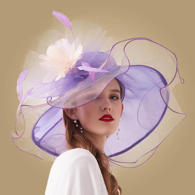 Big Flower Organza Large Brim Kentucky Derby Church Fedoras - TeresaCollections