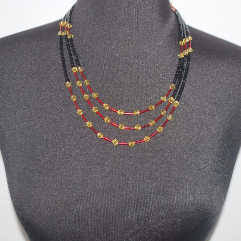 Black And Gold/Red Ascent Three Strands Necklace - Handmade