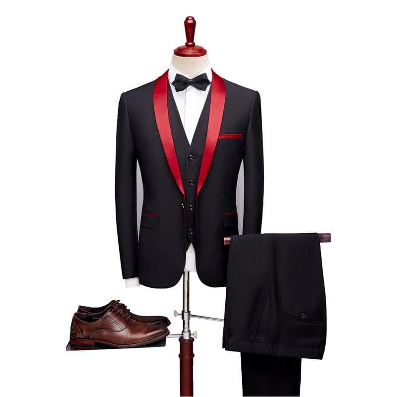 Black and Red Three Piece Tuxedo Suits - Black / XXXL - Mens Suits