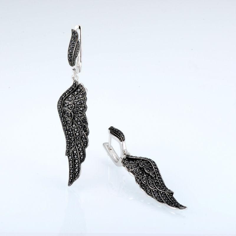 Black Angels Wing 925 Sterling Silver Cubic Zirconia Earrings - Earrings
