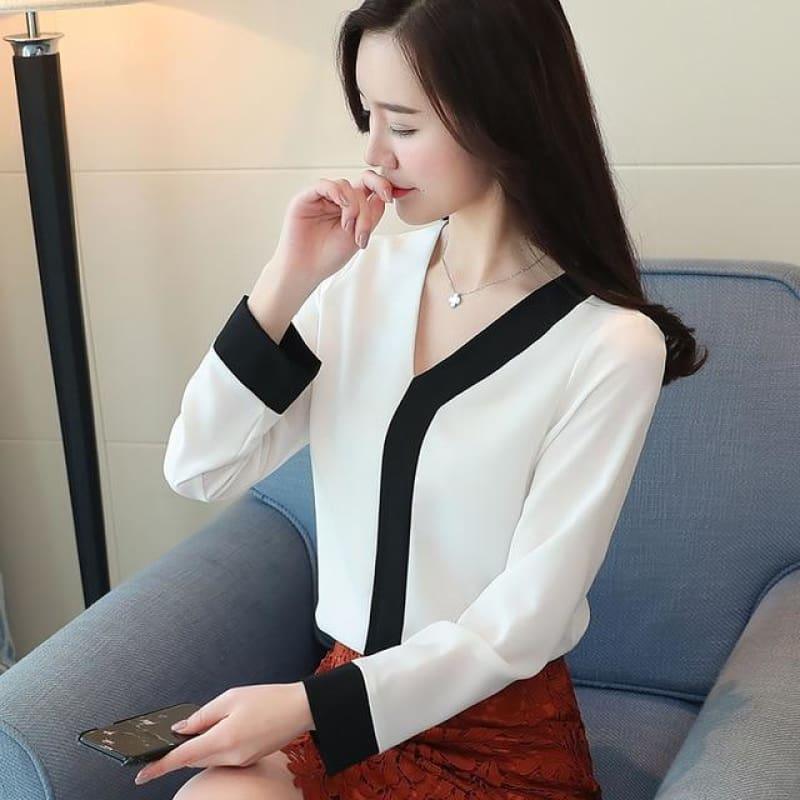 Black Ascent White Chiffon Long Sleeve Shirt Blouse - TeresaCollections