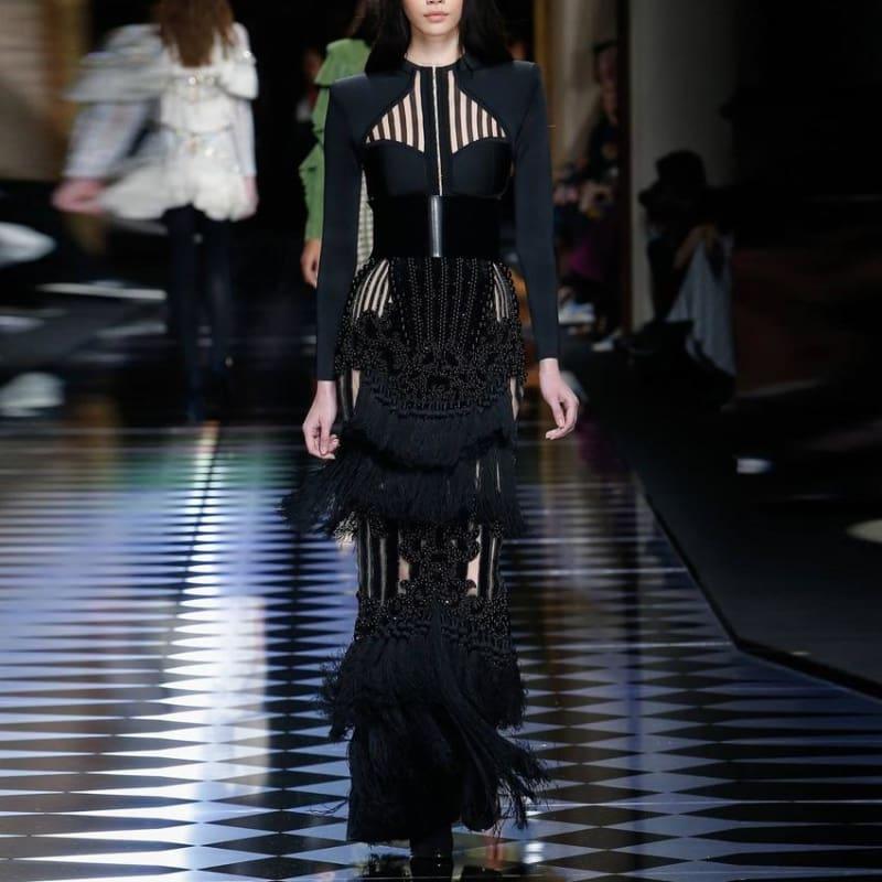 Black Designer Runway Suede Luxury Hand Work Beading Tassel Long Maxi Dress - Maxi Dress