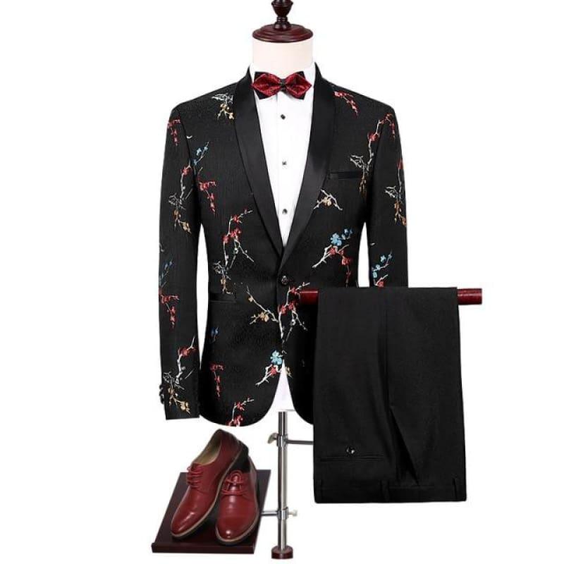 Black Floral Print Tuxedo Mens Suits - Black / 4XL - Mens suits