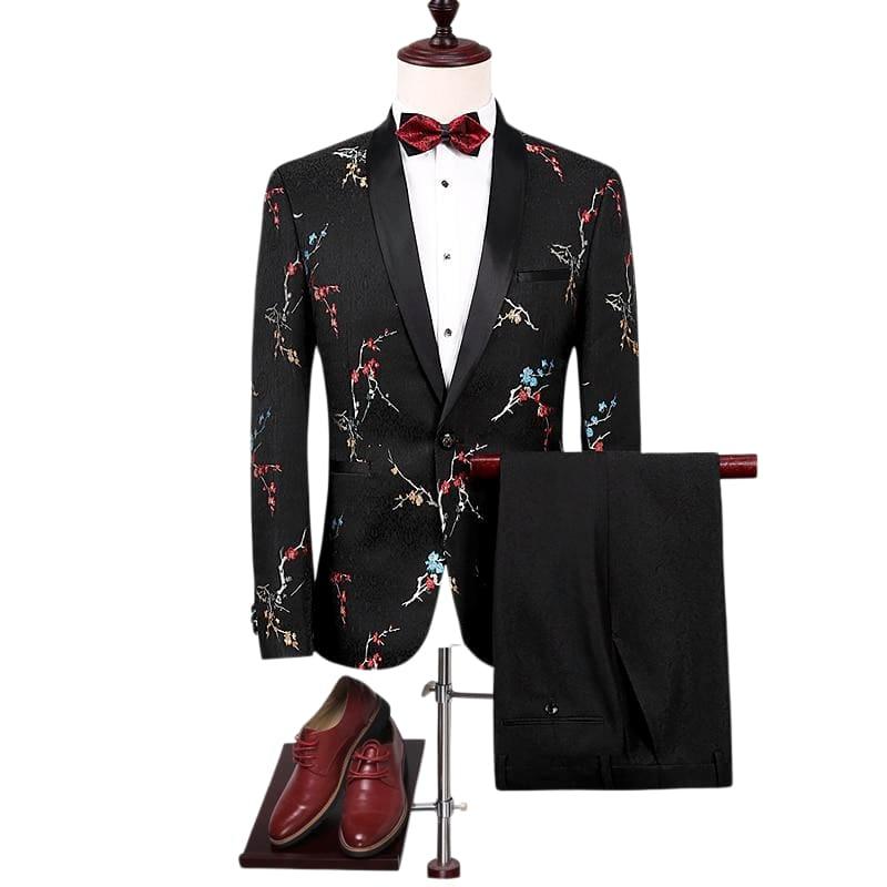 Black Floral Print Tuxedo Mens Suits - Mens suits