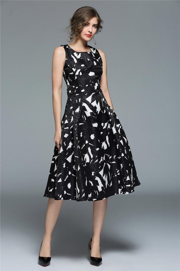Black Jacquard Sleeveless Casual Midi Dress - midi dress