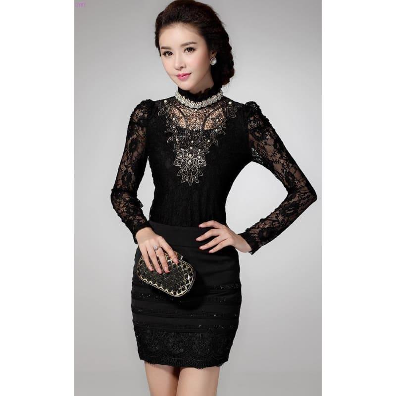 Black Lace Embroidery Sexy Blouse - Long Sleeve